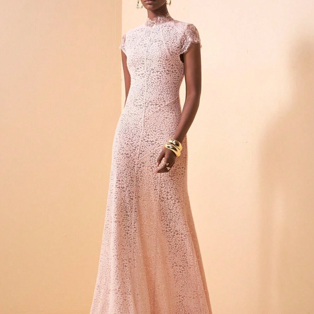 Pink Sexy Women's Formal Lace A-Line Cap Sleeve Evening Wedding Dress